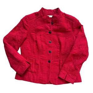 Coldwater Creek Red Textured Embroidered Mandarin Collar Button Up Jacket Womens